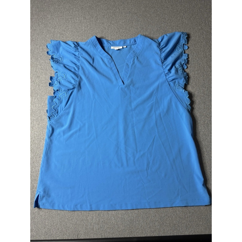 Chico's Women's Blue Scalloped Edge Ruffled Sleeve Blouse Size XL Fairy ,Whimsy